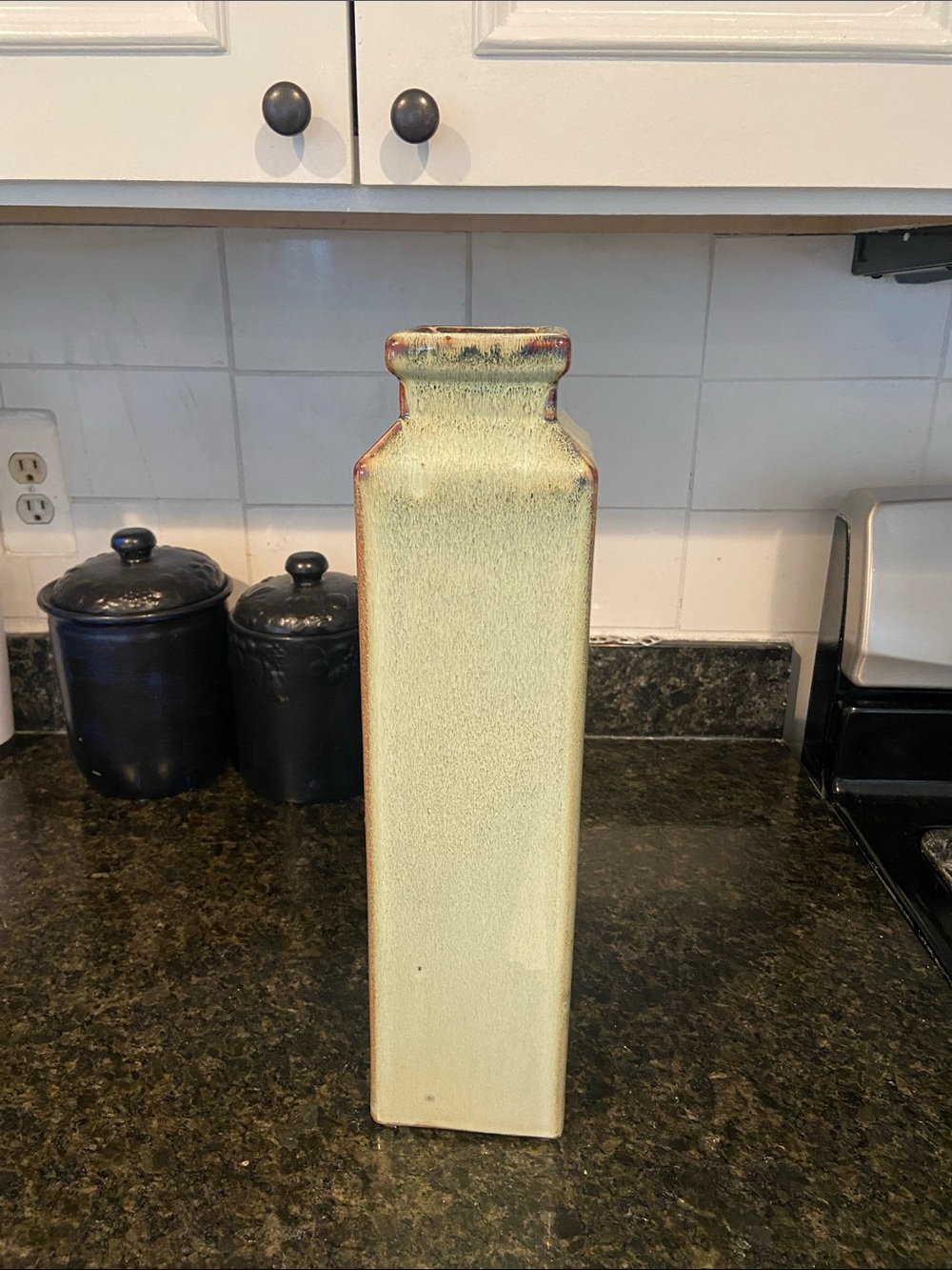 Tall Rectangular Ceramic Vase in Pale Green with Rustic Brown Rim